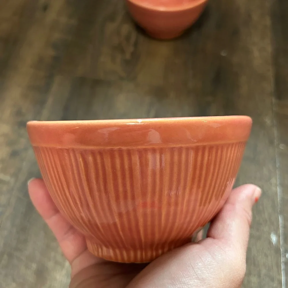 Barbara Eigen Pottery Ribbed Coral Glazed Ceramic Bowls Set of 2 Made in USA MCM
